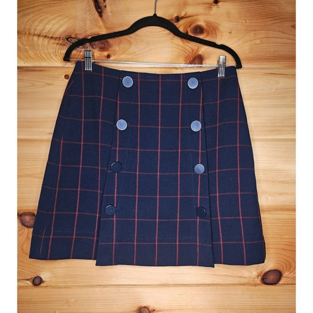 Loft Mini Skirt Womens Size 6 Blue Red Check Button Embellished Heavyweight